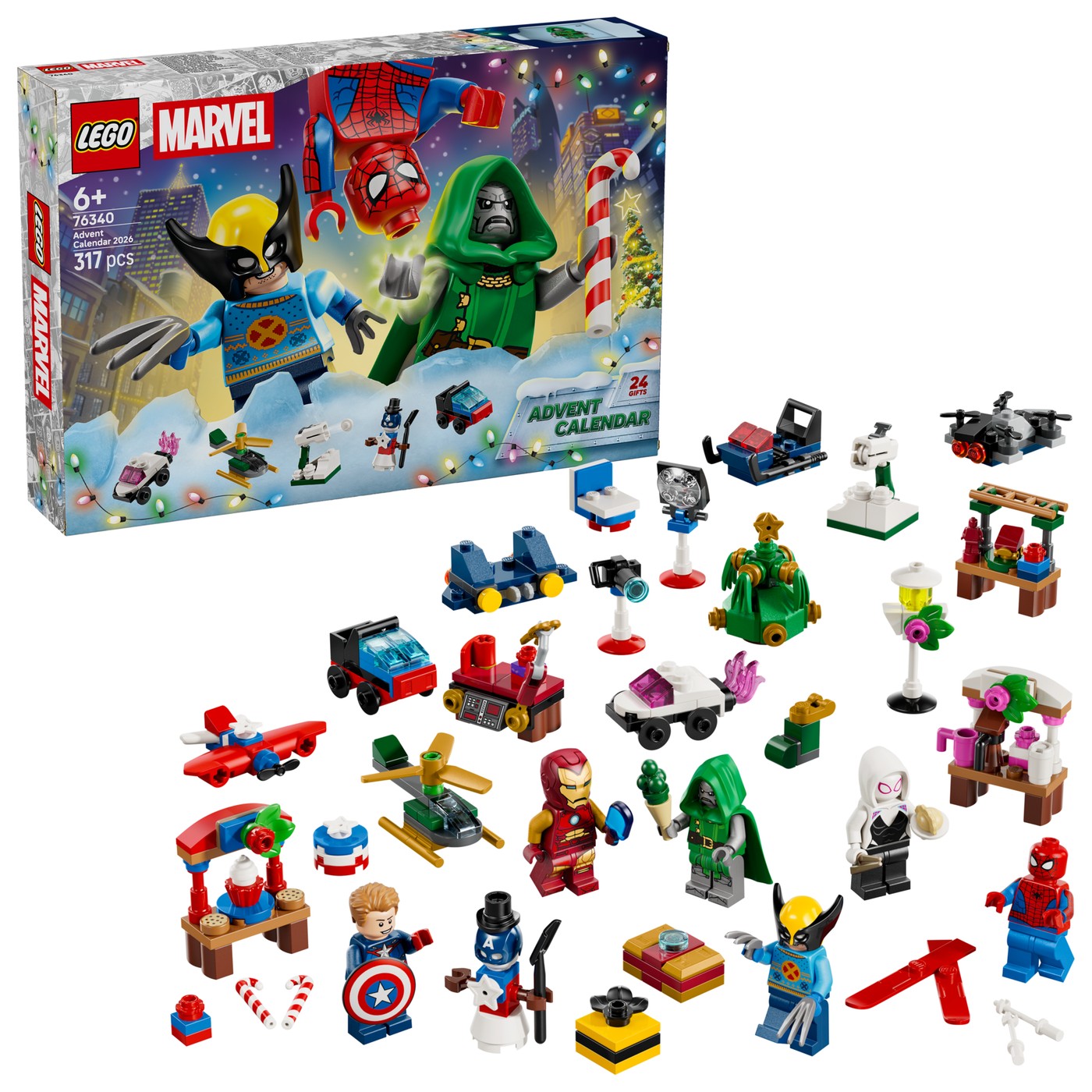 マーベル76340の箱と内容。6体のミニフィギュアとクリスマス仕様の乗り物。画像：レゴ公式ストア（日本）