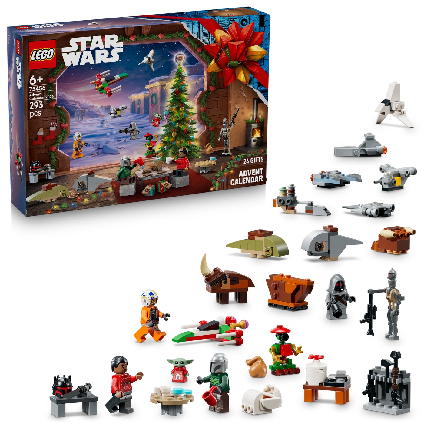 スター・ウォーズ75456の箱と内容。クリスマス衣装のマンダロリアンとグローグー、乗り物のミニモデル。画像:レゴ公式ストア(日本)