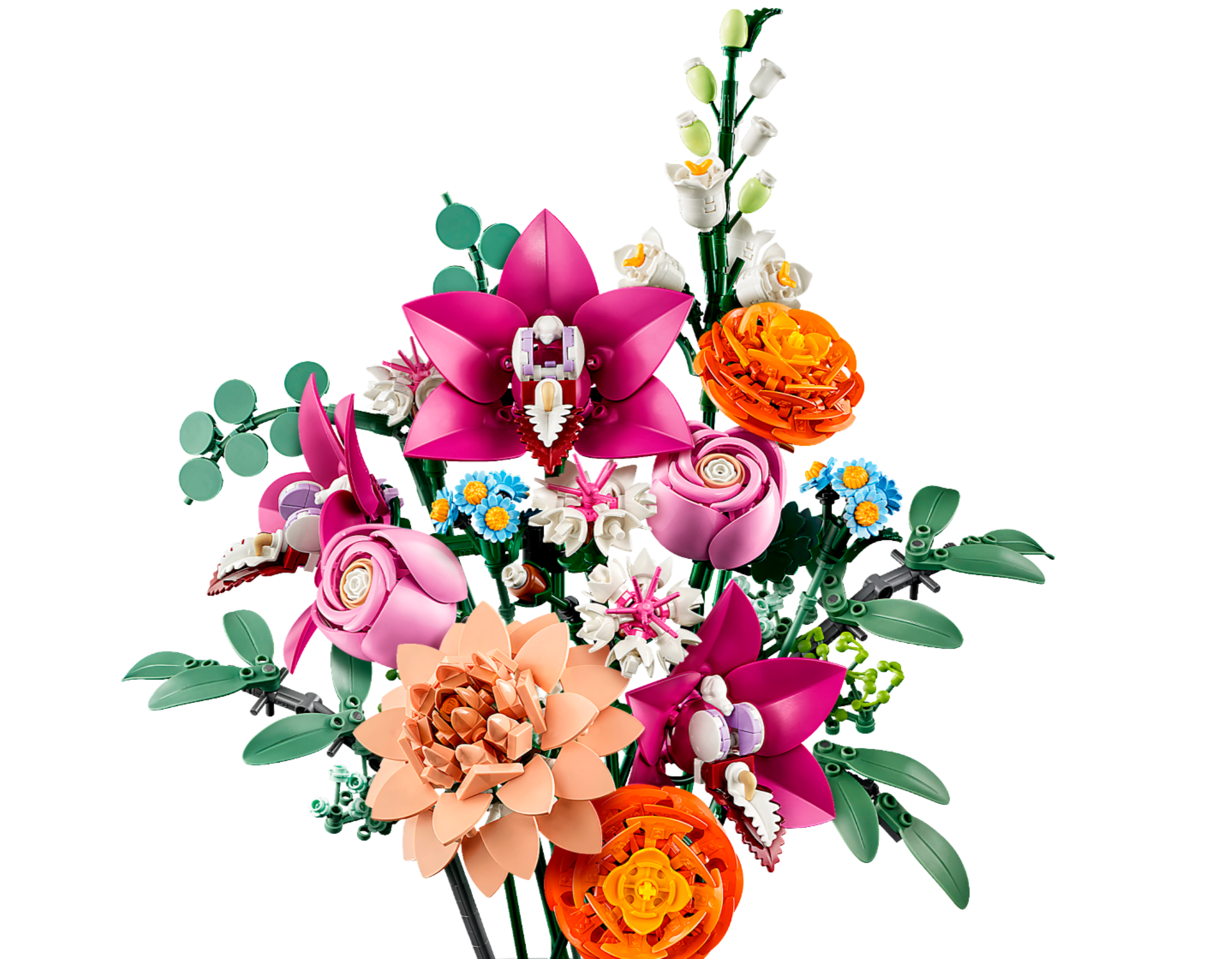 10342 ピンクのブーケのカタログ画像。ピンク、オレンジ、白の花と緑の茎を組み合わせたレゴの花束。画像:レゴグループ(カタログ経由)。