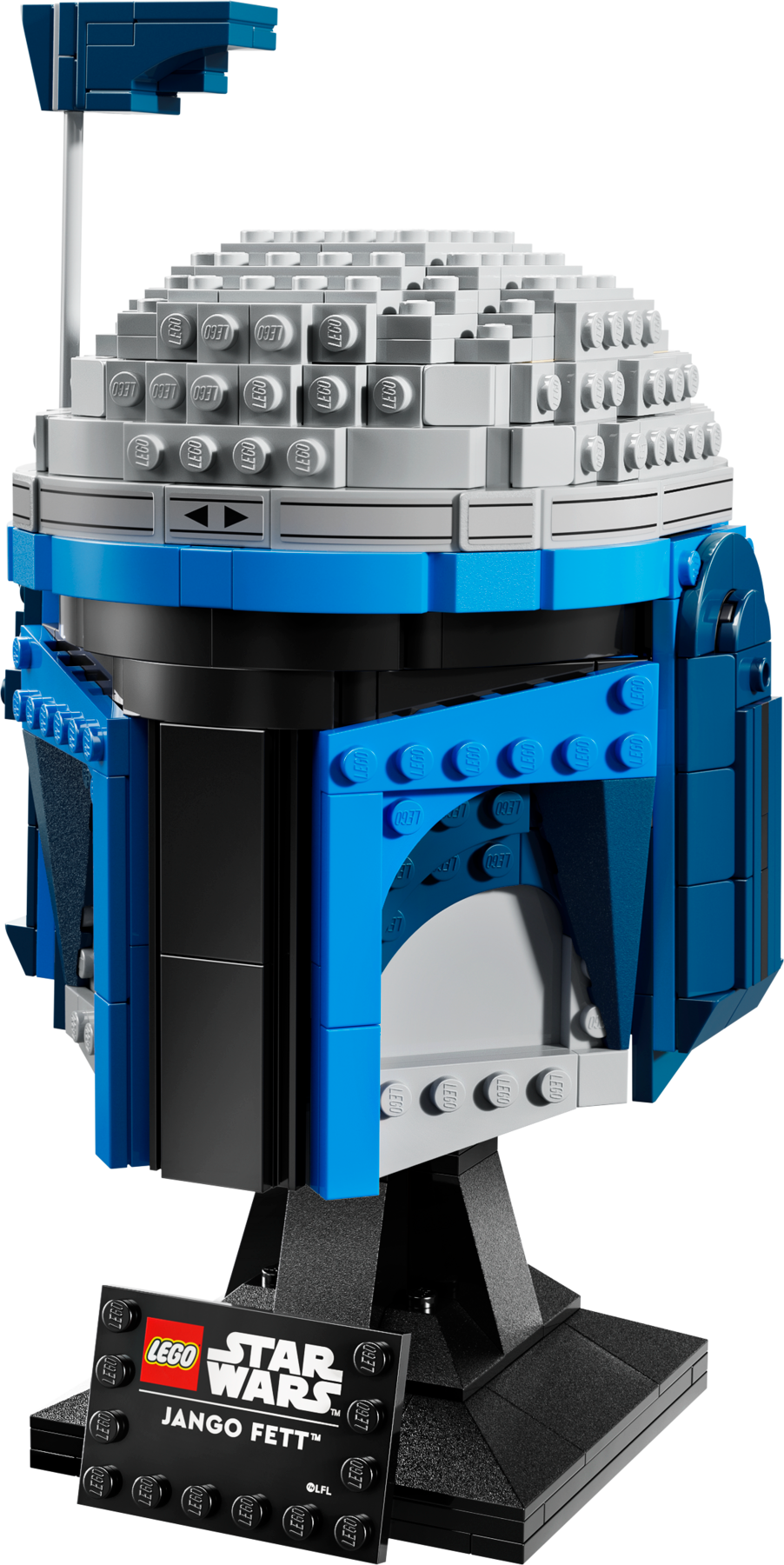 75408 ジャンゴ・フェットのヘルメットのカタログ画像。青と銀色のヘルメット、黒い台座、JANGO FETTのネームプレート。画像:レゴグループ(カタログ経由)。