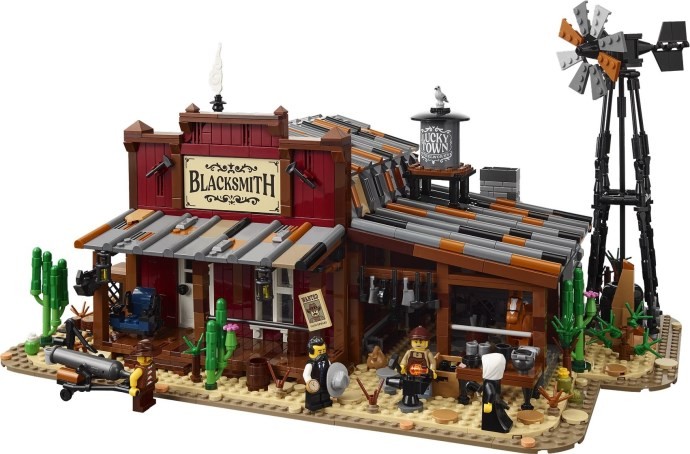 Wild West Blacksmith 910071。西部の鍛冶工房と風車、住居を組み合わせたモデル。画像:レゴグループ/BrickLink(Brickset掲載)。
