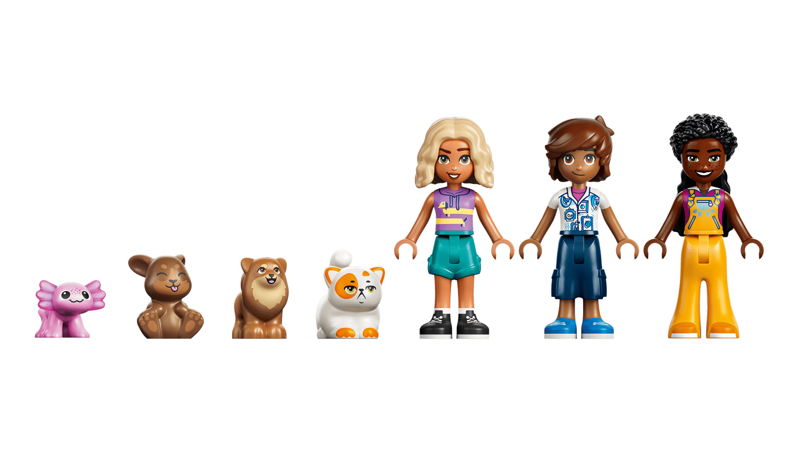 42709の動物4種類とミニドール3体。左からBubbles、Brownie、Peanut、Churro、Nova、Leo、Amara。画像:レゴグループ。