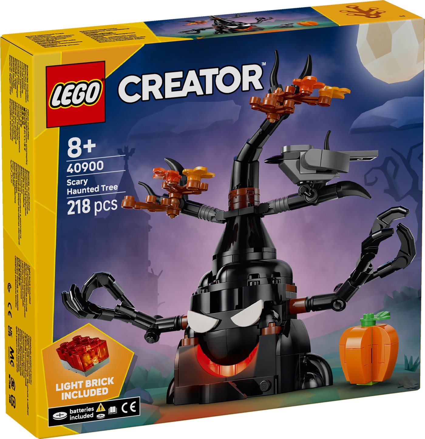 箱の表には 8+｜40900｜Scary Haunted Tree｜218 pcs と、LIGHT BRICK INCLUDED の印字（画像: レゴグループ）
