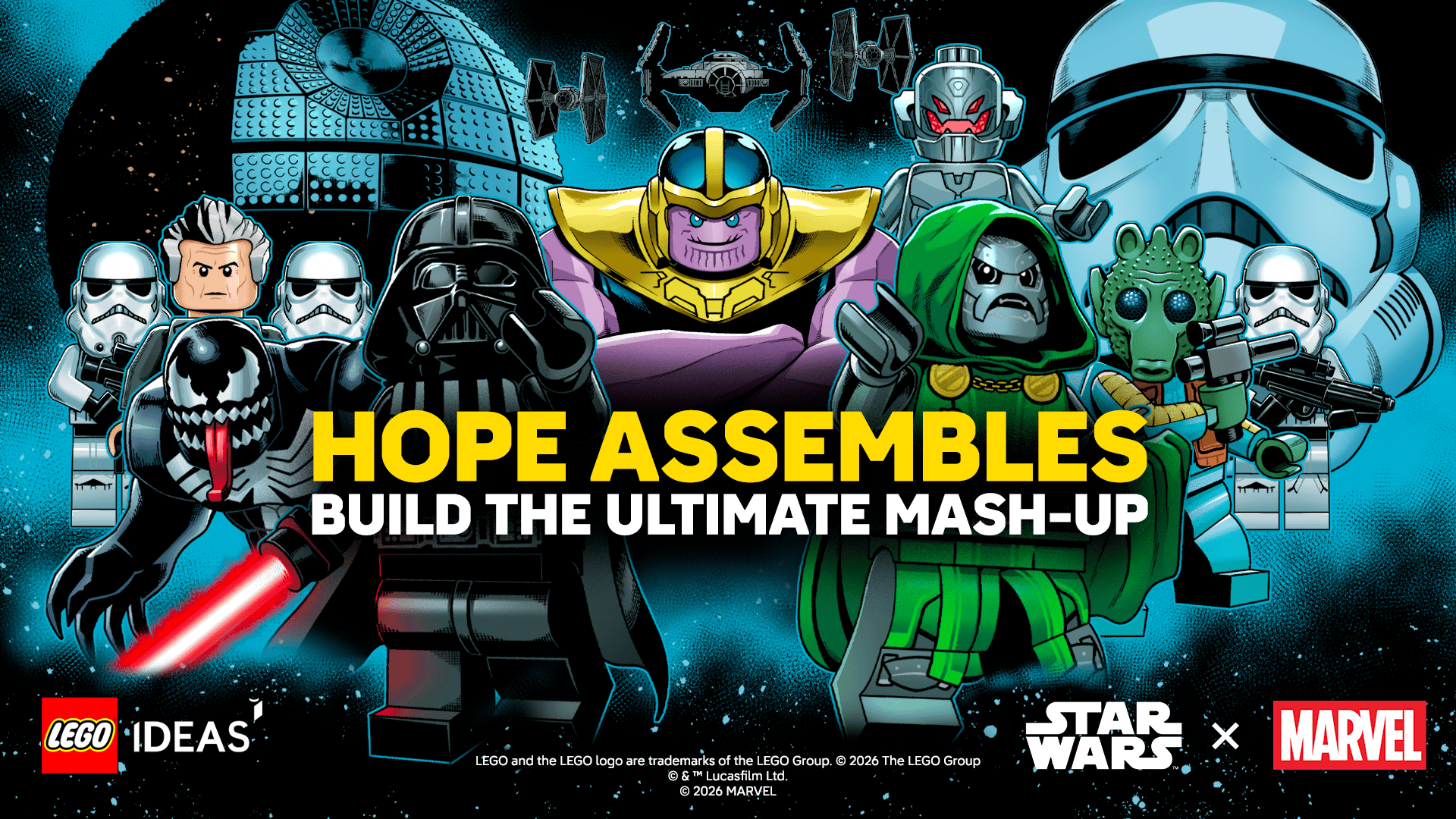 Hope Assemblesの公式告知イラスト。スター・ウォーズとマーベルのキャラクター、キャンペーン名が描かれている。発売製品の写真ではない。