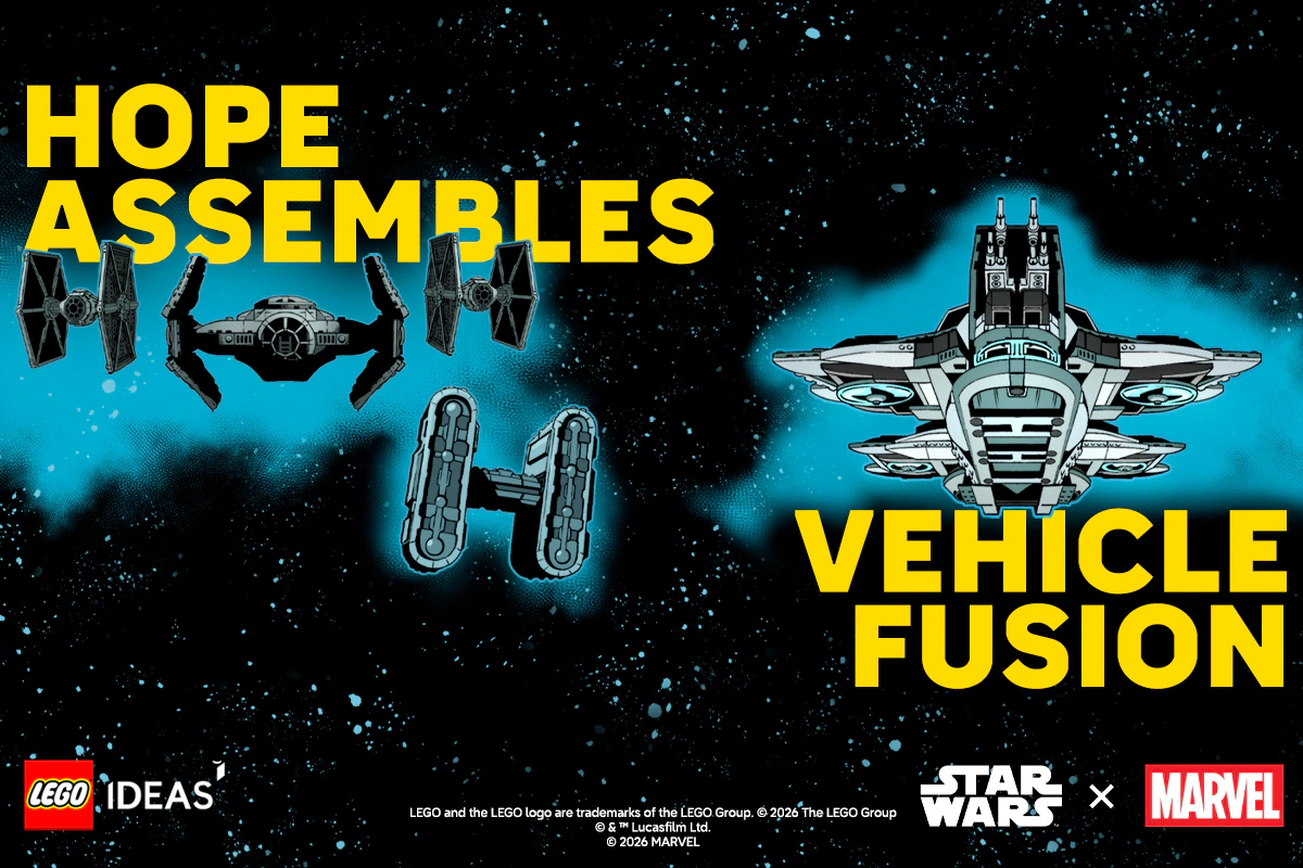 Vehicle Fusionの公式告知イラスト。両作品の飛行ビークルと部門名を描いた広報素材で、応募作・発売製品の写真ではない。画像：レゴグループ／LEGO Ideas。