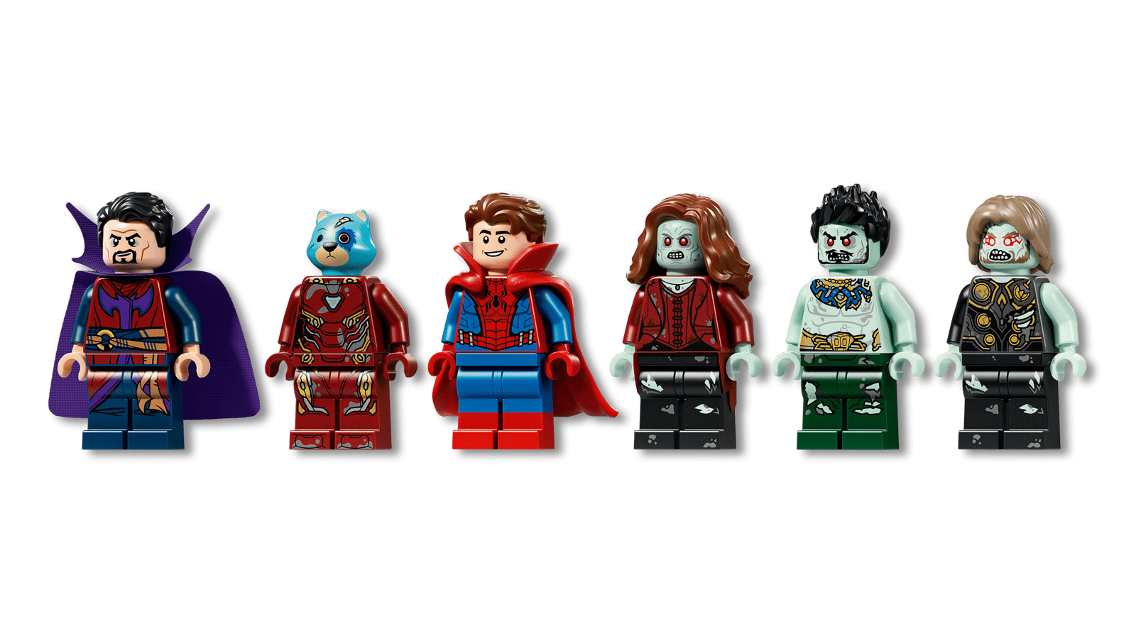 67005のミニフィギュア6体。左からStrange Supreme、F.R.I.D.A.Y.、Zombie Hunter Spider-Man、Red Queen、Zombie Namor、Zombie Thor。画像：レゴグループ。