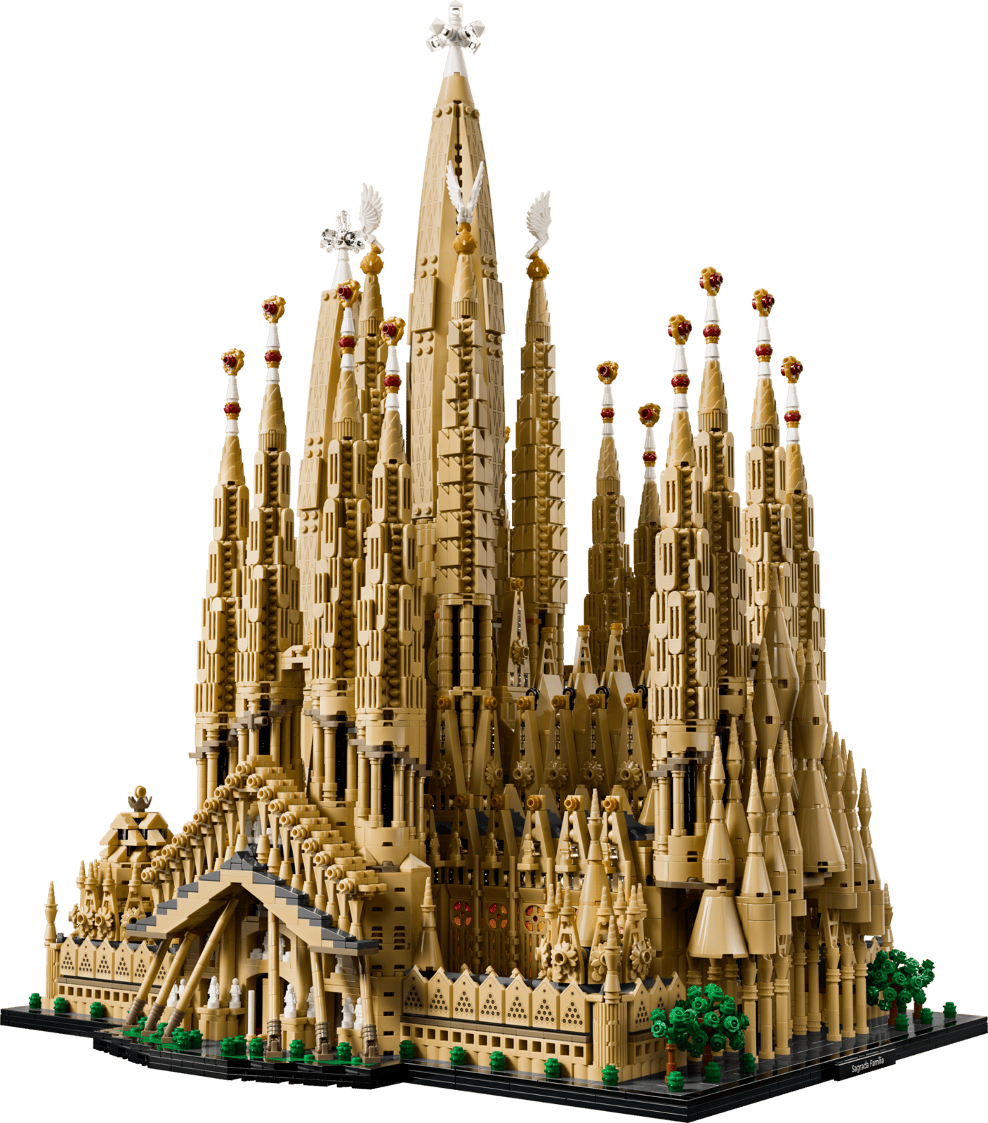 サグラダ・ファミリアの公式全体画像。尖塔と各ファサードを再現した建築模型。画像:レゴグループ。