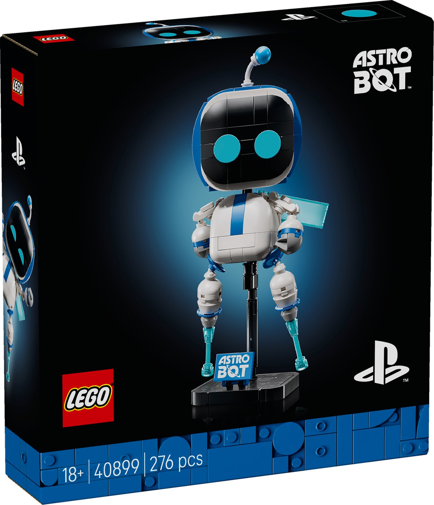 箱の表には 18+｜40899｜276 pcs の印字。右上に ASTRO BOT のロゴ、右下に PlayStation のマーク（画像: レゴグループ）