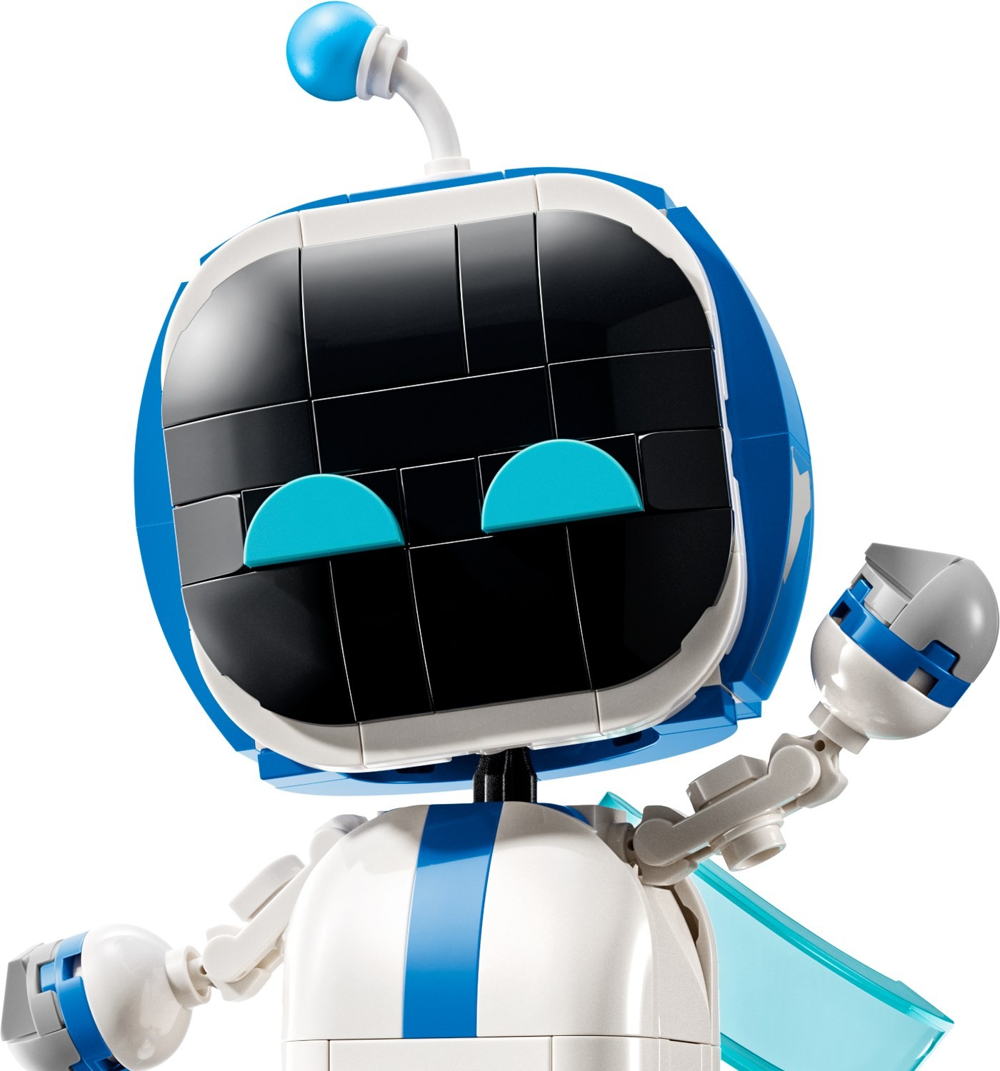 40899 アストロボット。この写真の目は三日月型で、丸型に付け替えられる。背中には水色のマント（画像: レゴグループ／Brimagaによる切り出し）