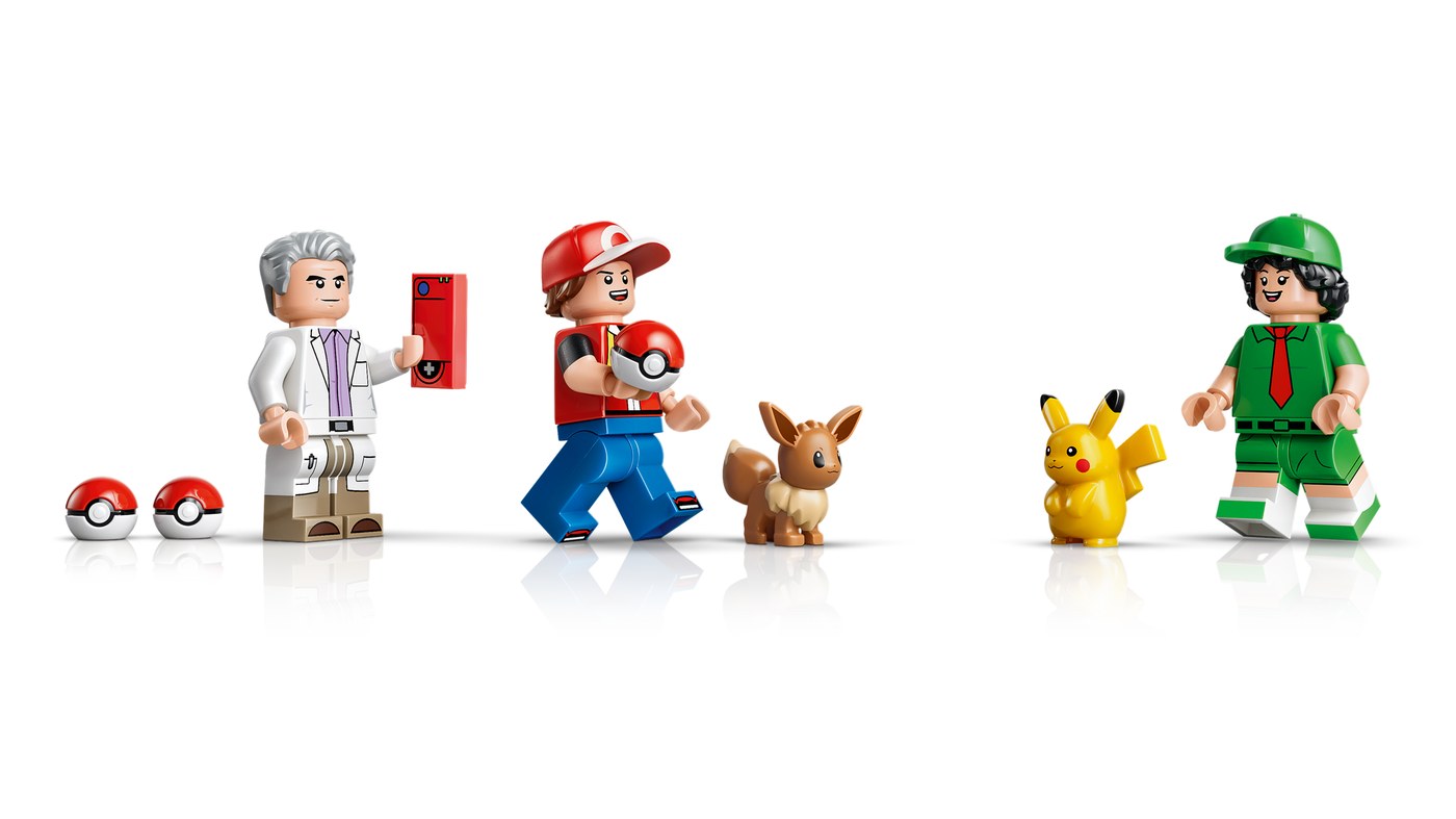 72154 に入る5体。左からオーキド博士、レッド、イーブイ、ピカチュウ、Picnicker（画像: レゴグループ）