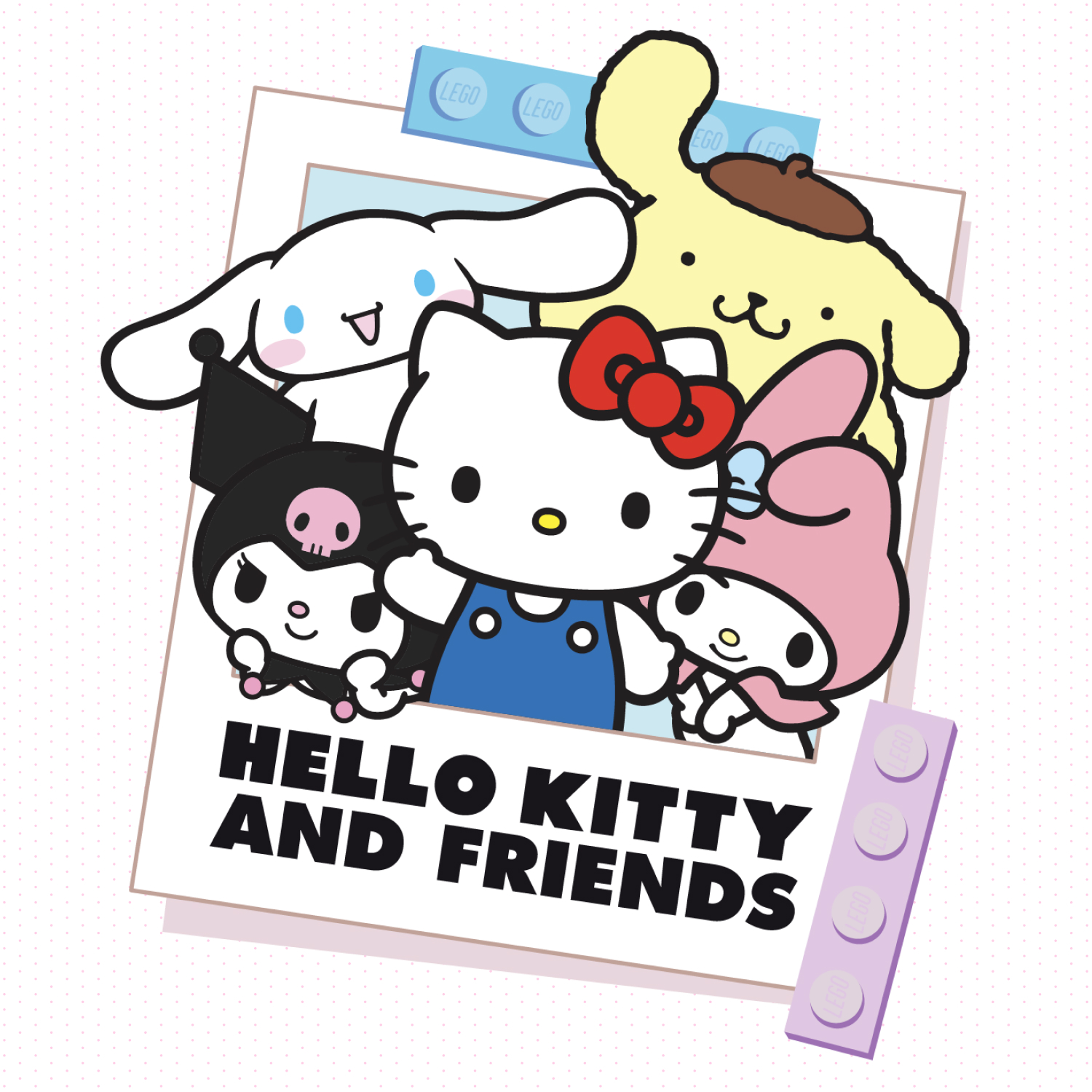 ハローキティ、シナモロール、ポムポムプリン、クロミ、マイメロディが描かれた公式予告画像。レゴ製品の造形を示す写真ではありません。画像：レゴグループ／サンリオ（日本向け特設ページ）。
