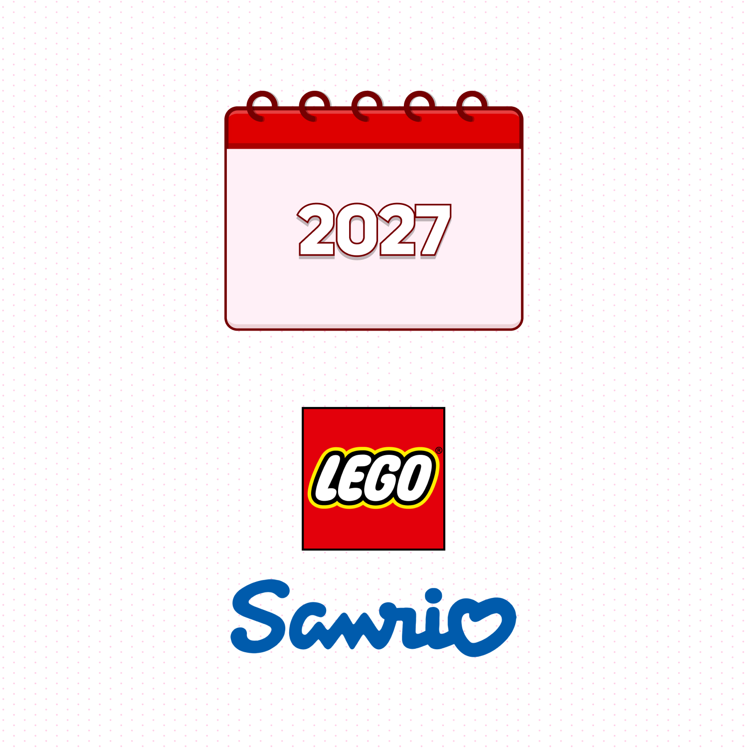 2027年のカレンダーと両社のロゴを組み合わせた公式予告画像。月日や発売商品の型番は記されていません。画像:レゴグループ/サンリオ(日本向け特設ページ)。