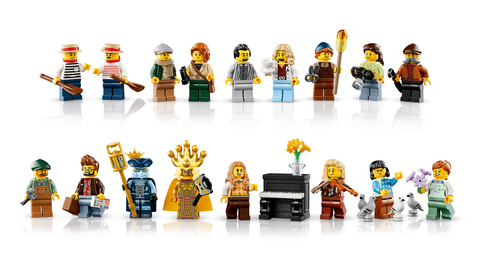 公式の人物一覧。17体のミニフィギュアと、別枠のピアノや鳥が並ぶ。画像:レゴグループ。
